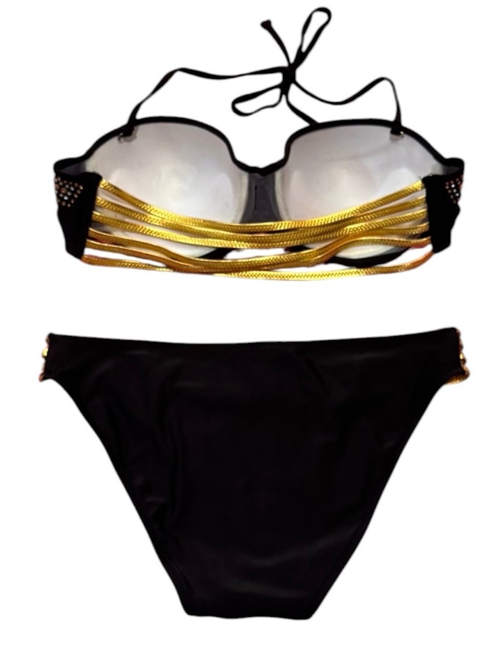 Black Gold Rhinestone Bandeau Bikini Set Strappy Sides Size Large - Picture 3 of 5
